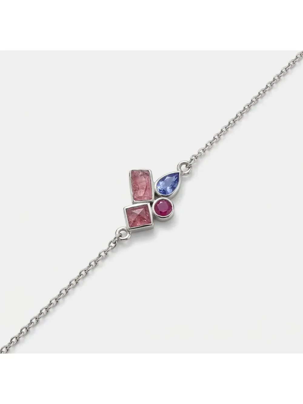 Delicate Multi-Stone Geometric Bracelet 7” Silver Tone Pink & Lavender Stones